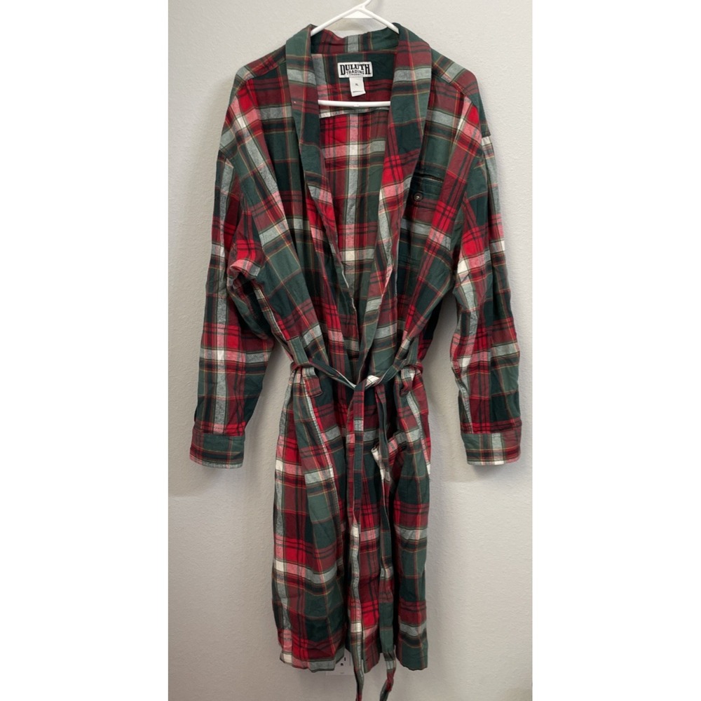 Duluth Trading Mens Bathrobe Christmas Plaid 100% Cotton Flannel XL Red Green